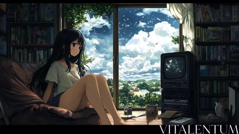 Summer-lit anime room with girl, bookshelves and skyline view.