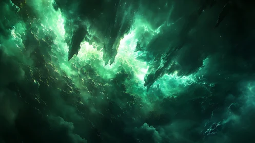 Emerald cosmic storm shards slice through swirling nebula