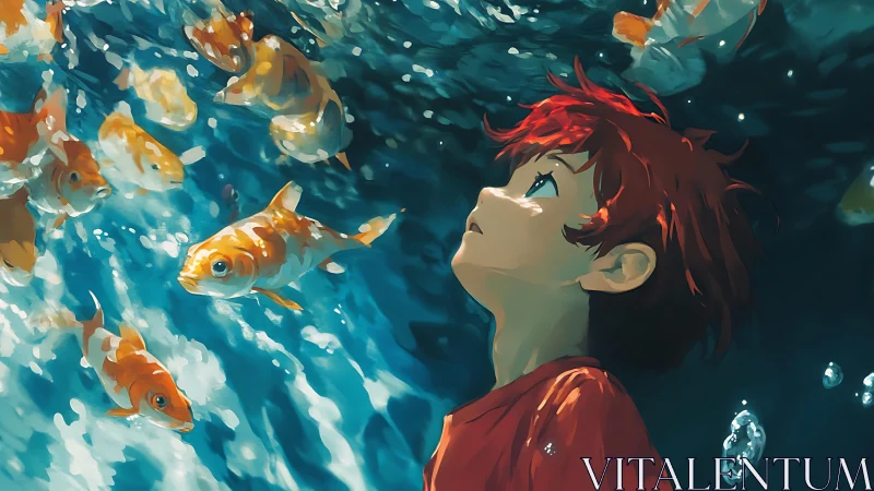 Boy with red hair looks upward underwater among koi fish