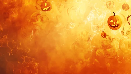 Multiple jack-o-lantern graphics float over orange vapor field