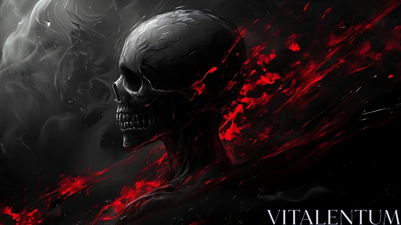 Digital skull profile with red particle dispersion effect.