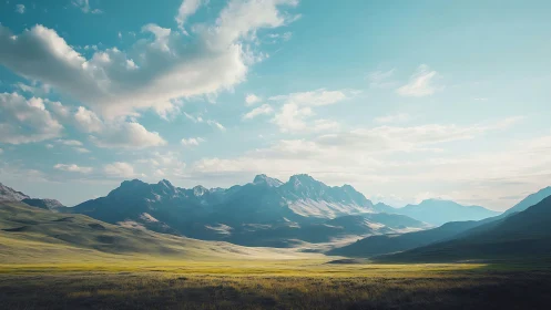 Sunlit alpine peaks above sweeping emerald valley plain.