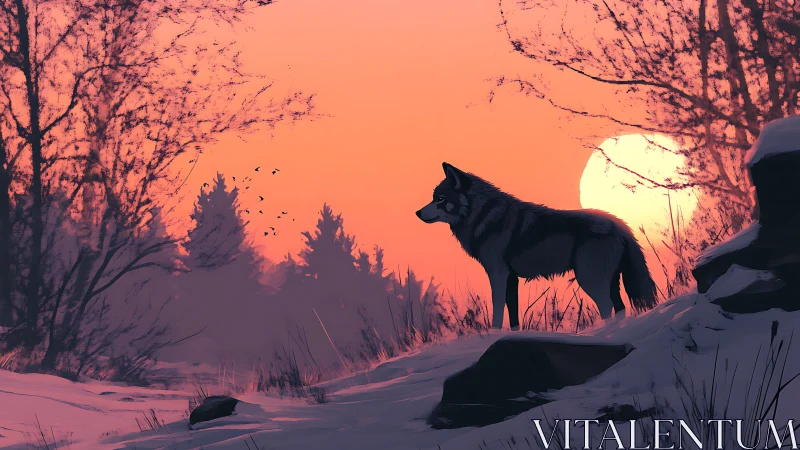 Lone duskwolf surveying snowlit forest horizons in emberglow.