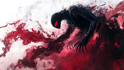 Shadowy red-eyed entity emerges from swirling blood mist.