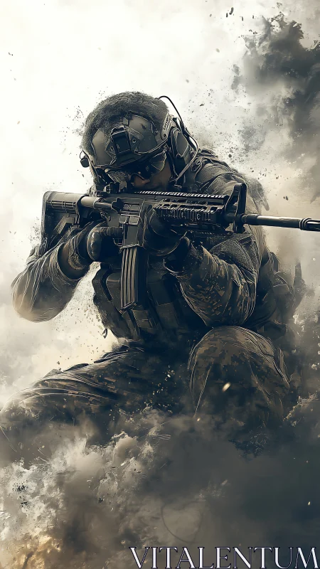 Storm-wreathed tactical sniper kneels inside shattering smoke.