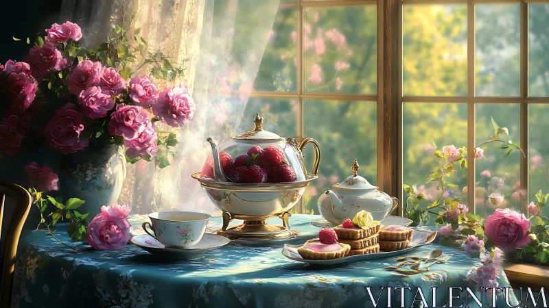 Sunlit garden tea table welcomes sweet, fragrant moments