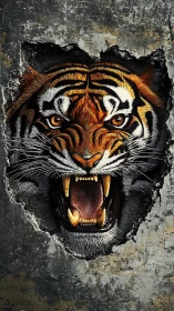 Tiger head emerges through fractured wall surface opening