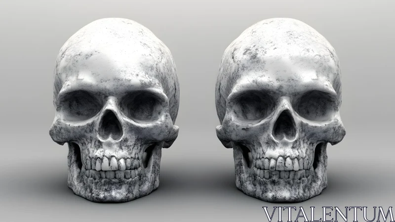 Two Realistic Human Skulls on Gray Background, Digital Art Style.