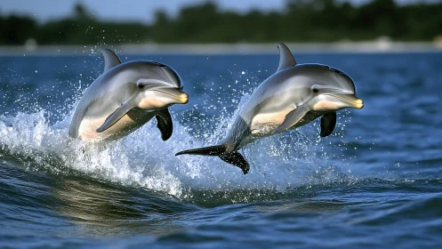 Pair of dolphins leaping through ocean waves at speed.