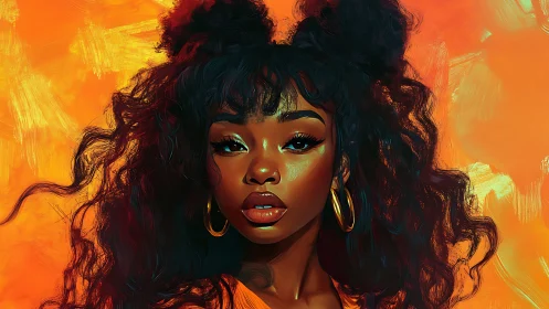 Digital portrait shows woman with curly hair on orange background