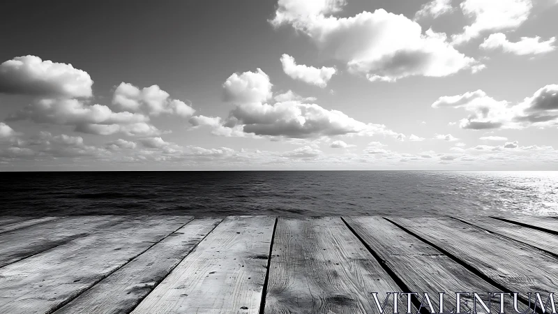 Weathered wooden pier meets calm horizon under bright clouds.