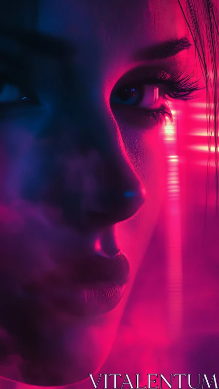Side-lit female face in neon magenta and blue light.