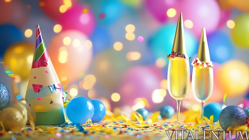 Champagne Flutes Among Colorful Party Decorations and Balloons.