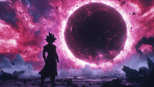 Warrior confronts colossal cosmic void in burning nebula sky