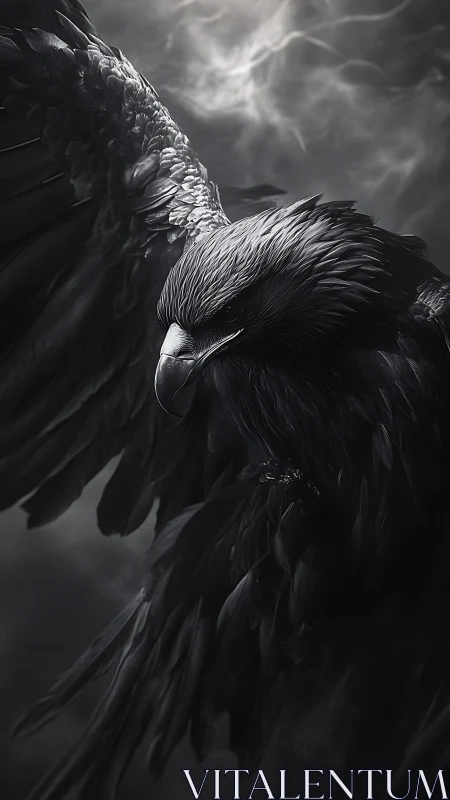 Monochrome close-up of large dark eagle in cloudy sky.