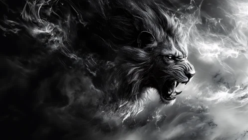 Roaring monochrome lion head emerging from swirling smoke.