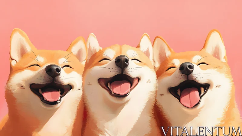 Triple Shiba smiles brightening a soft pastel afternoon.