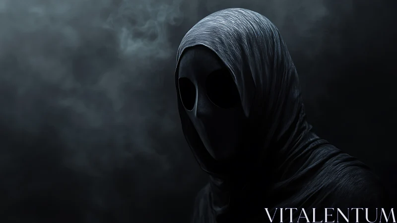 Dark hooded figure with blank mask in smoky shadows.
