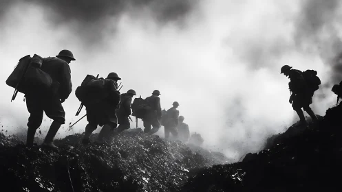 World War I soldiers advancing through smoke in trench landscape.