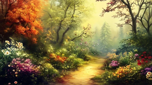 Digital landscape rendering depicting luminous forest pathway with chromatic foliage transitions