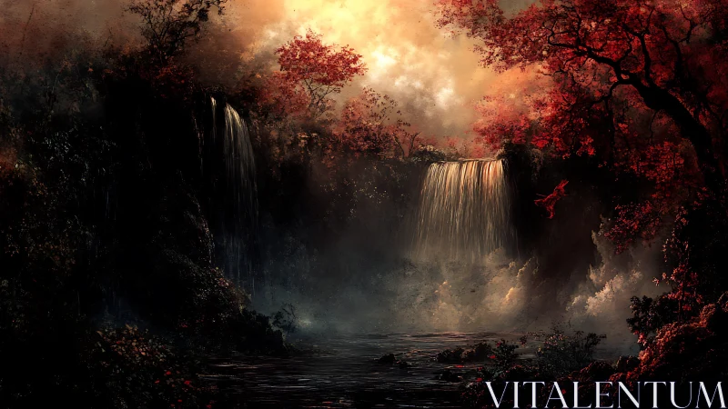 Crimson Forest Waterfall Cascade with Ethereal Golden Sky.