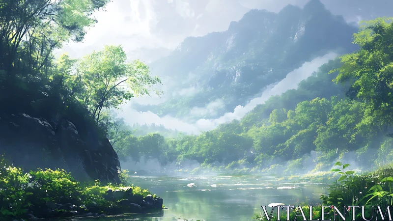 Emerald Sanctuary: Where Mountains Embrace Morning Mist.