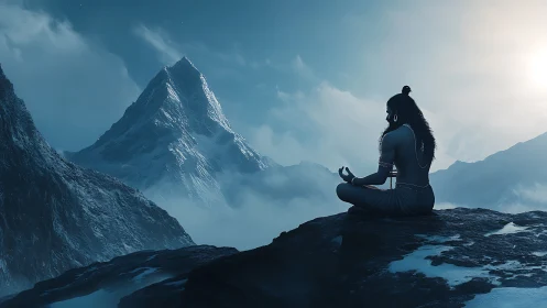 Meditating ascetic on icy mountain summit at dawn.
