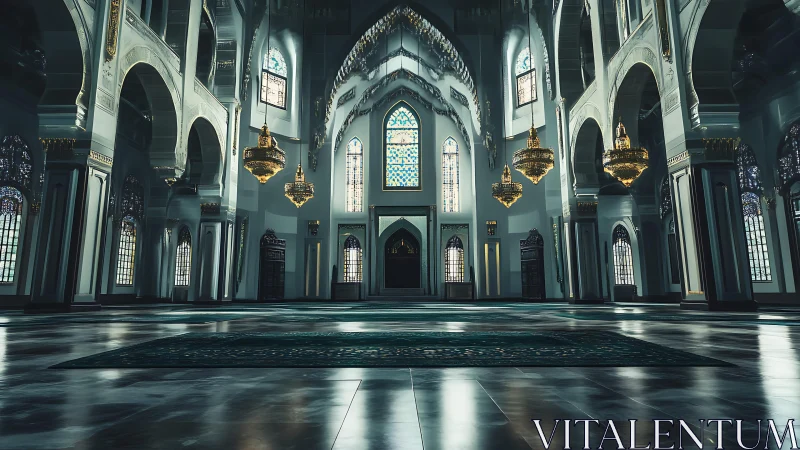 Symmetrical mosque interior with chandeliers and reflective floor.