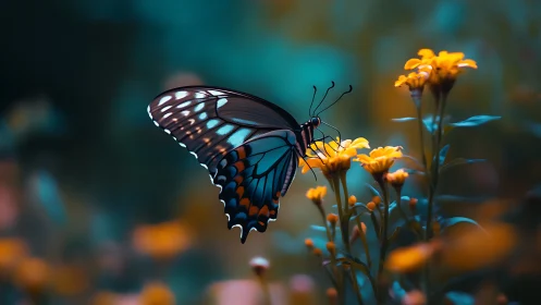 Blue-black butterfly on yellow flowers in shallow focus field.