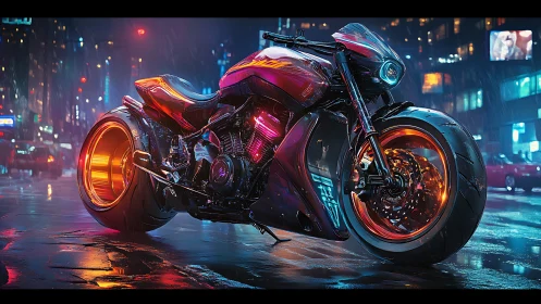 Neon-lit cyberpunk motorcycle roars across a rain-slick city street