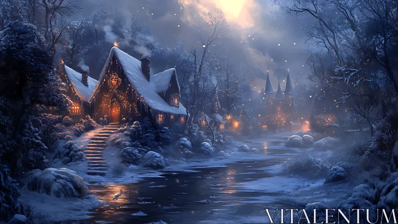 Snow covered cottage and village by river at winter dusk.