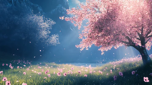 Sunlit cherry blossom tree beside tranquil mountain lake.