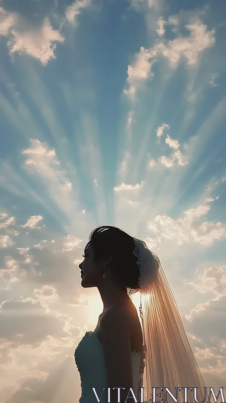 Backlit bridal silhouette with radial crepuscular rays skyframe.