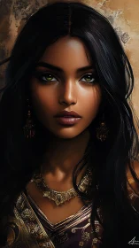 Enchanting woman with emerald eyes in ornate gold jewelry.