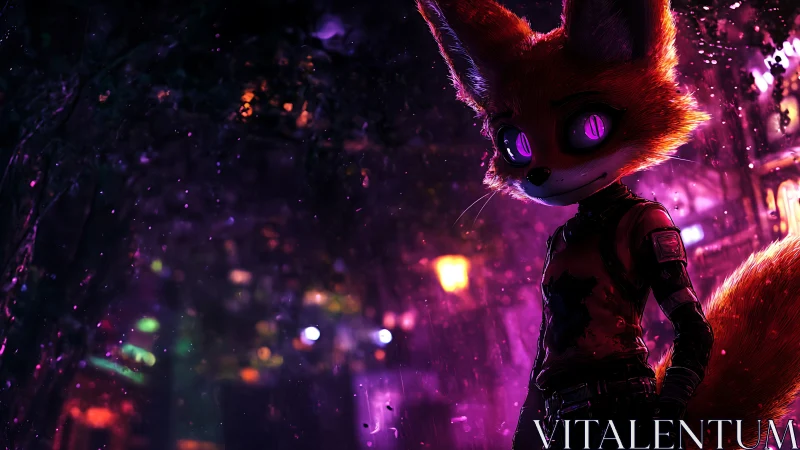 Cybernetic fox sentinel in neon-soaked nocturnal alleyway.