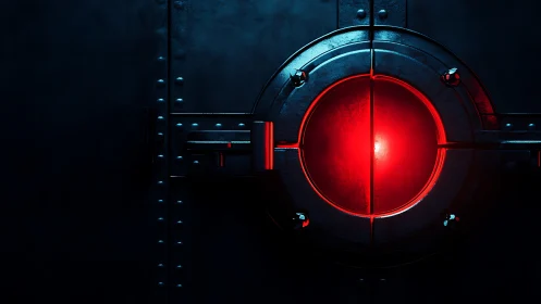 Scarlet security eye hums at the heart of a steel vault door