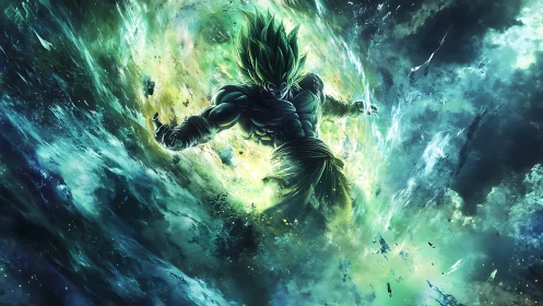 Stormborn warrior erupts from a cosmic jade supernova portal.