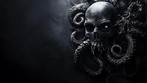 Digital painting of skull entangled in tentacles on voided field.