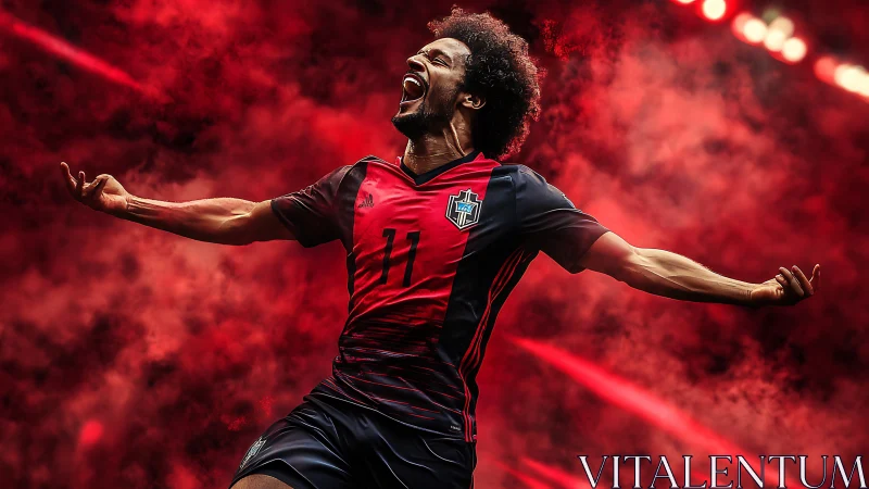 Triumphant soccer forward celebrates in a storm of red light.