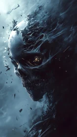 Dark skeletal entity dissolving into swirling smoky void.