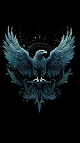 Majestic teal eagle spreads illuminated wings in darkness
