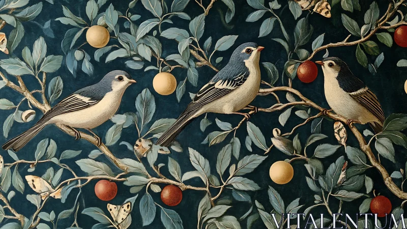 Three blue songbirds on fruit tree branches, vintage wallpaper style.