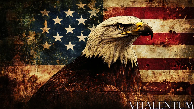 Bald eagle portrait over distressed American flag texture.