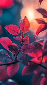 Red leaves stand against blurred blue background at sunset
