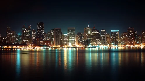 City skyline at night with bright lights on calm water.