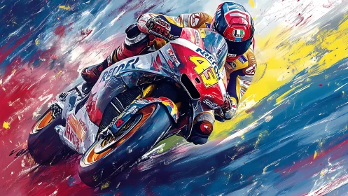 Dynamic sportbike racer cutting through abstract color field.