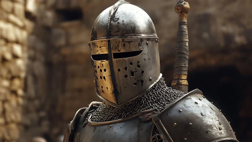 Weathered medieval knight stands ready in shining armor