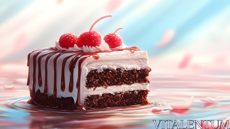 Multi-layer chocolate cake slice with raspberry garnish and drizzle