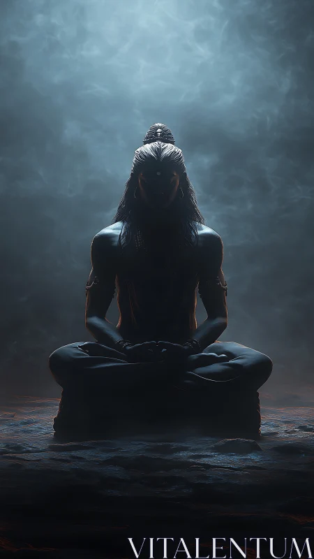 Midnight yogi crowned in mist, guarding the quiet void.