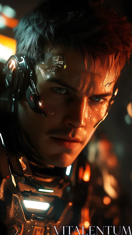 Determined cyber soldier locks into focus under neon light